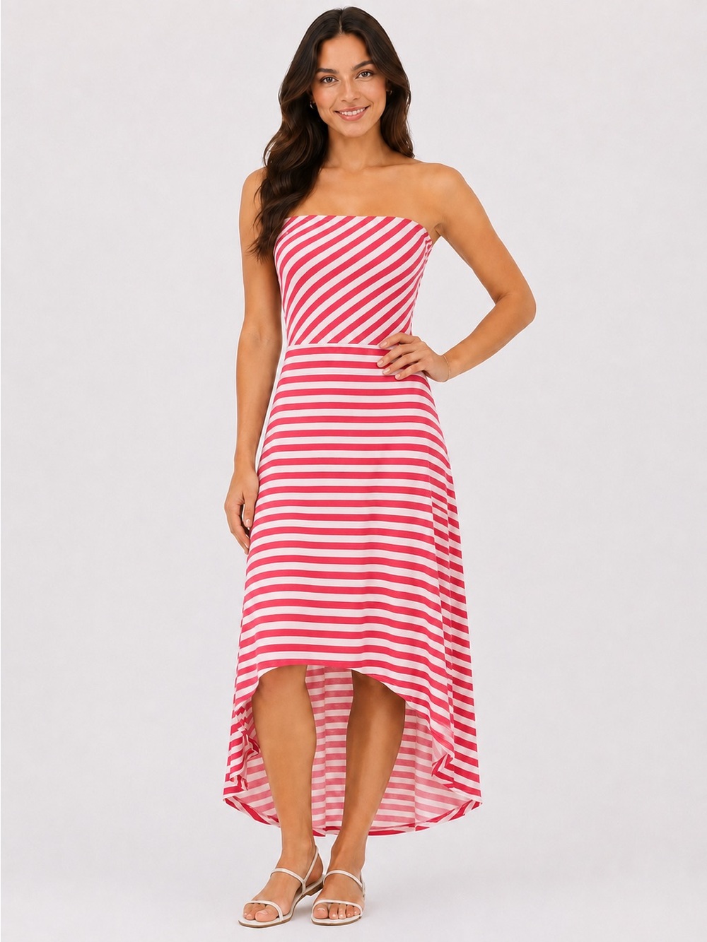 5th Love Hi-Low Strapless Dress-Fuchsia/Ecru Stripe
